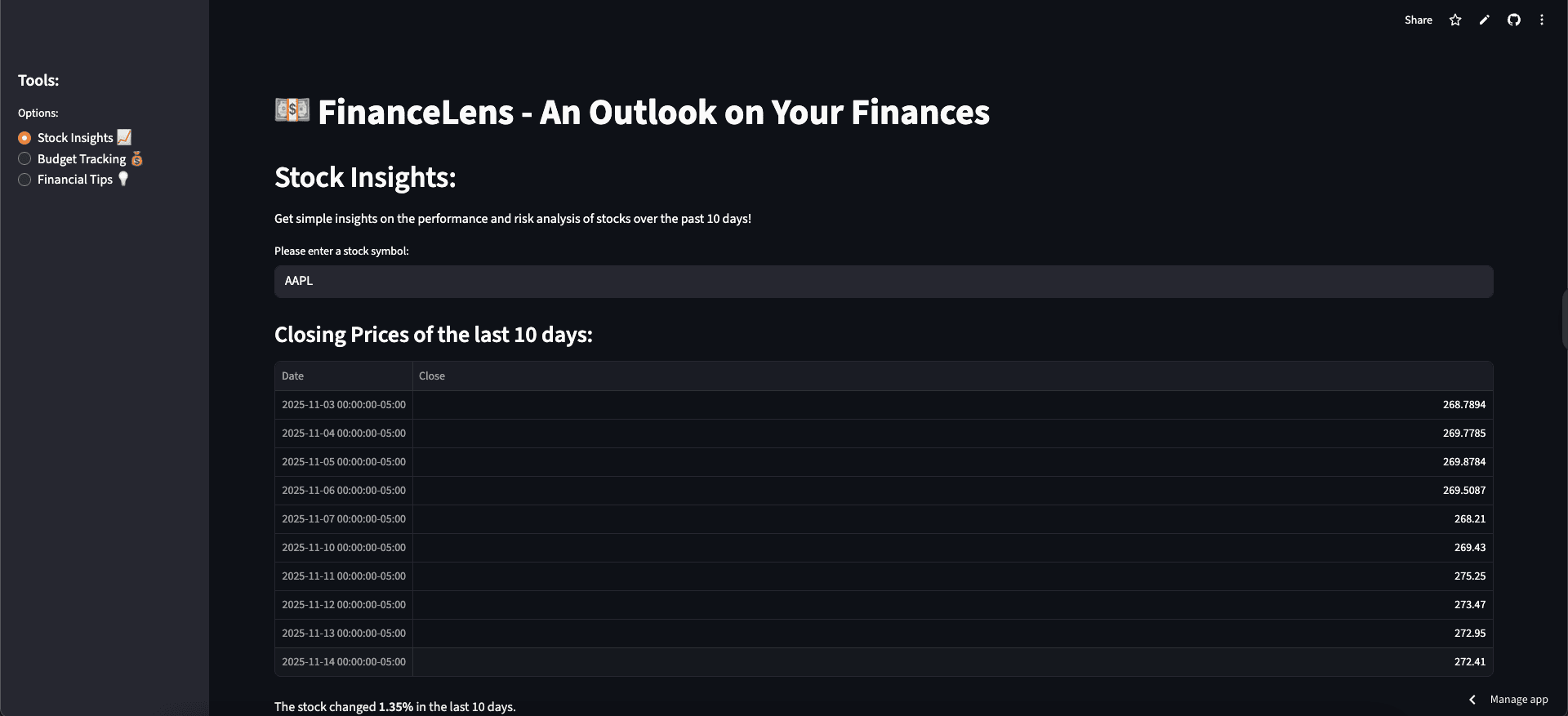 Screenshot of Financelens